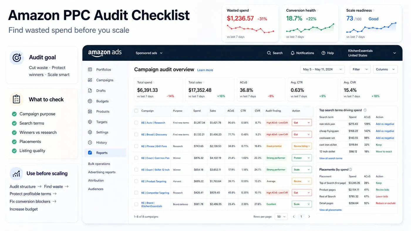 Amazon PPC audit checklist campaign audit overview dashboard