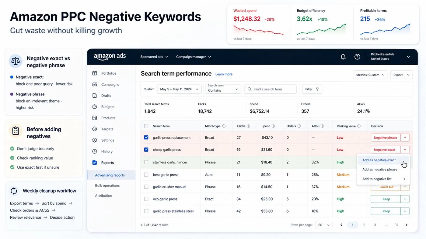 Amazon PPC negative keyword decisions inside a search term performance dashboard