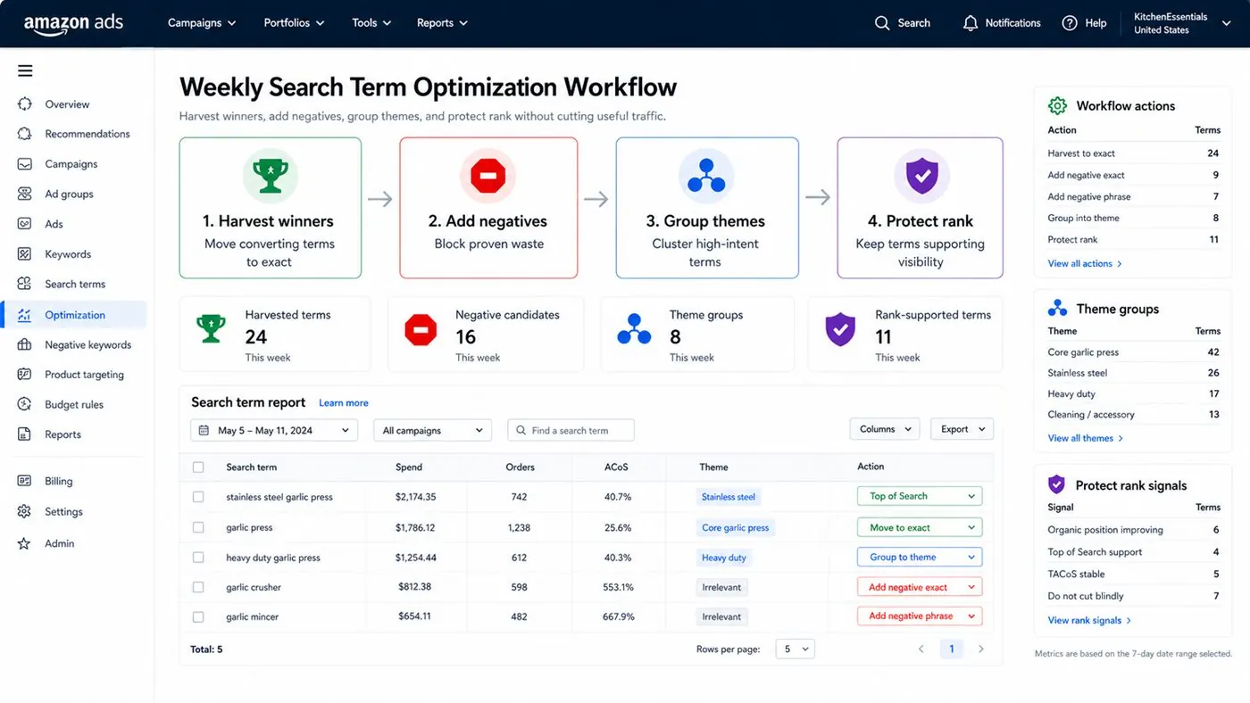 Amazon weekly search term optimization workflow dashboard