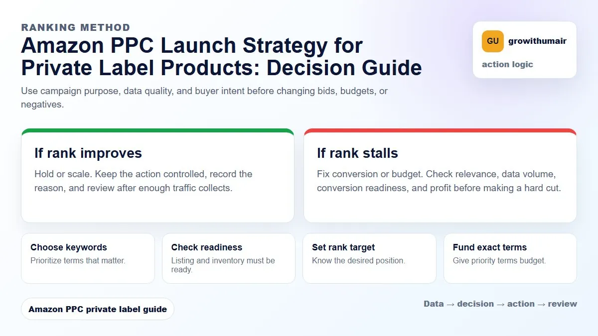 Amazon PPC Launch Strategy for Private Label Products decision tree showing how to choose the next Amazon PPC action