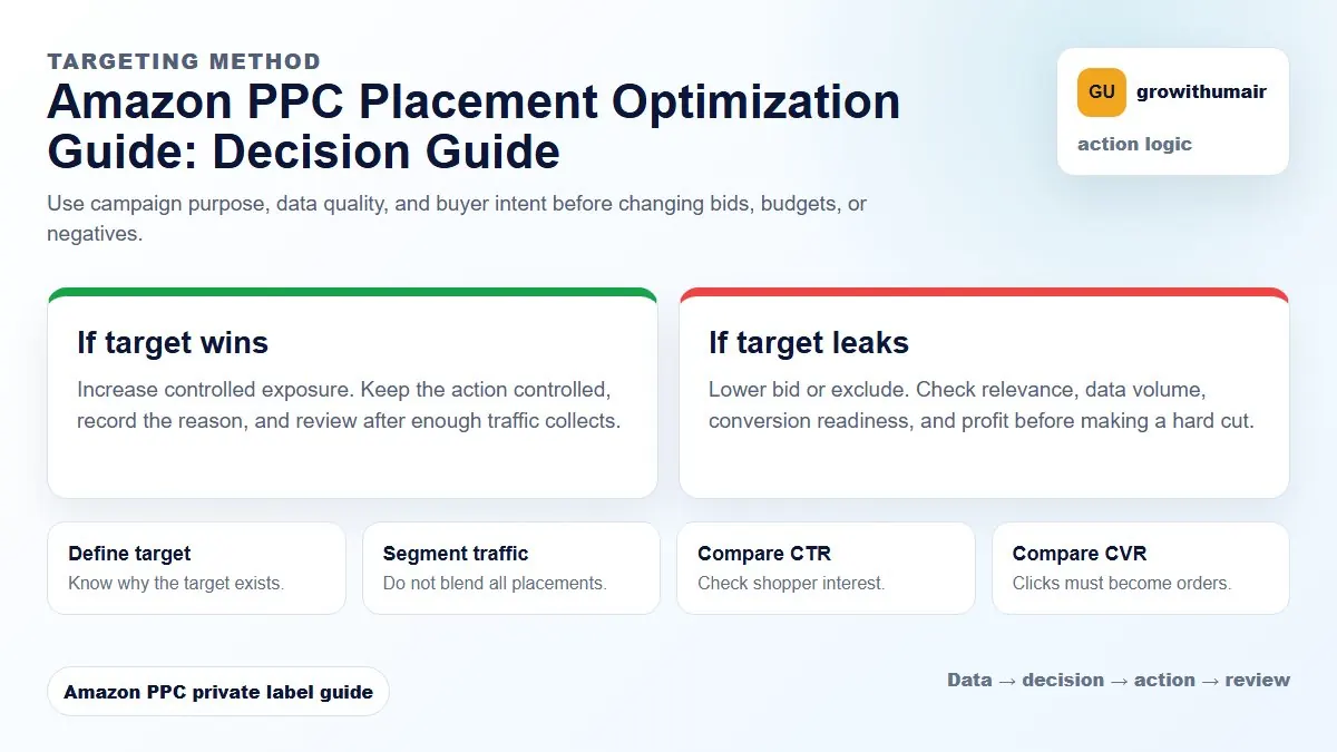 Amazon PPC Placement Optimization Guide decision tree showing how to choose the next Amazon PPC action