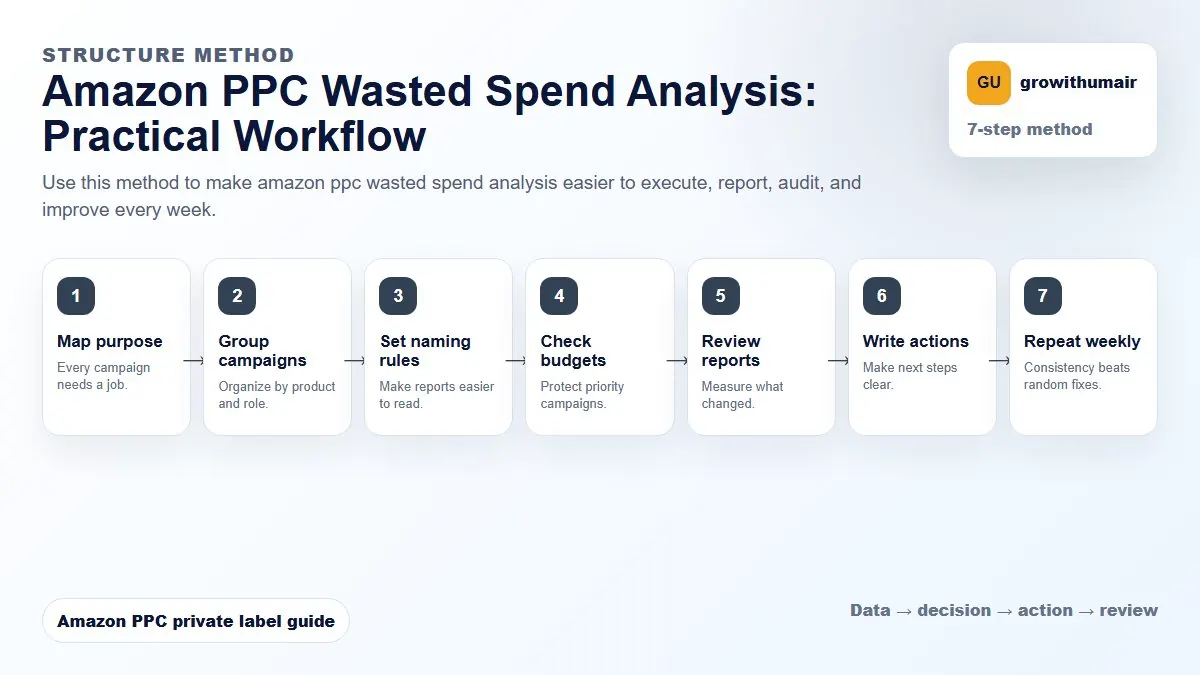 Amazon PPC Wasted Spend Analysis step-by-step workflow for Amazon private label PPC decisions