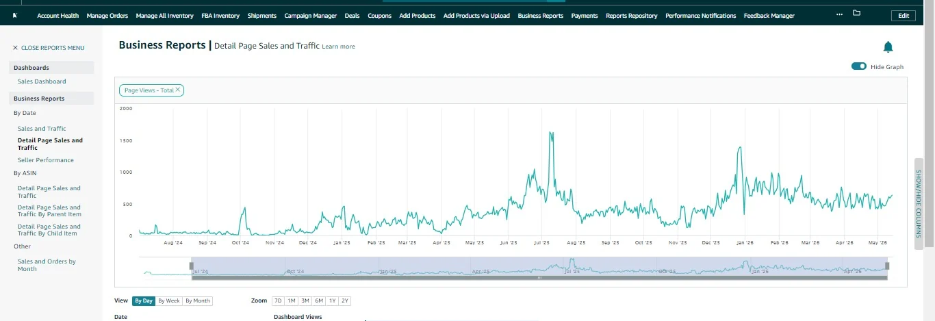 Amazon Business Reports page views chart showing traffic growth over time