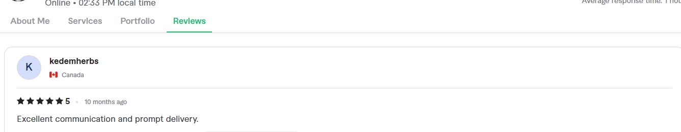 Fiverr review screenshot from a Canada buyer showing 5 star feedback for communication and delivery