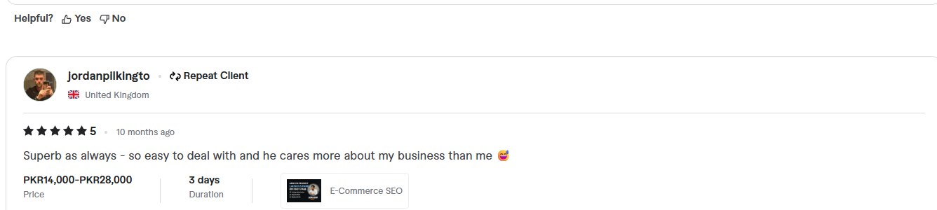 Fiverr review screenshot from a United Kingdom repeat client showing 5 star feedback
