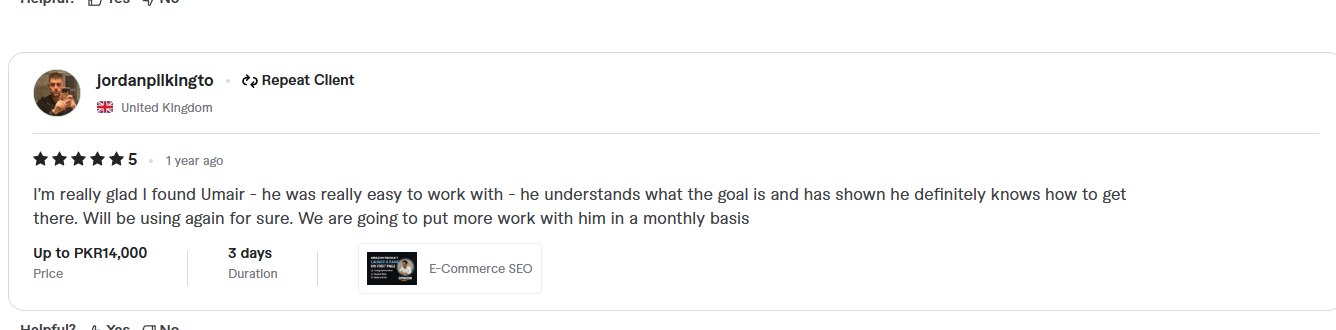 Fiverr review screenshot from a United Kingdom repeat client mentioning easy work and monthly support