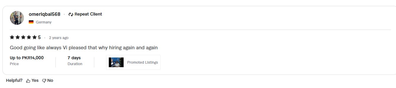 Fiverr review screenshot from a Germany repeat client showing 5 star feedback