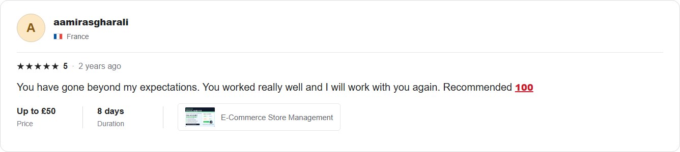 Fiverr review card from a France buyer showing 5 star feedback and recommendation for Amazon service work