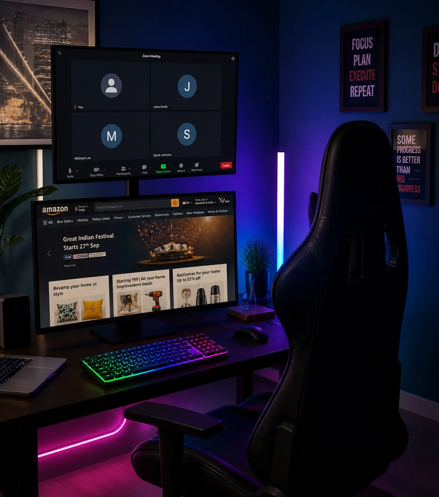 Focused Amazon account management workspace with dual monitors, client meeting screen, marketplace page, RGB keyboard, and work chair