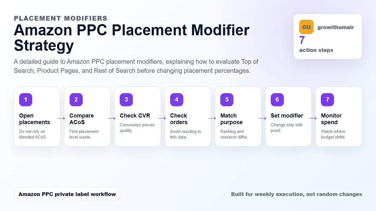 Amazon PPC placement modifier strategy showing Top of Search, Product Pages, and Rest of Search decision steps with ACoS, CTR, CVR, orders, and bid adjustments