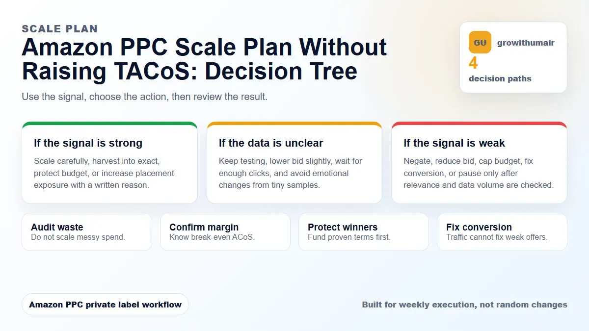 Amazon PPC Scale Plan Without Raising TACoS decision tree showing what action to take based on PPC performance signals