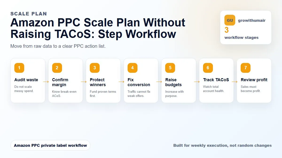 Amazon PPC Scale Plan Without Raising TACoS workflow diagram explaining the middle steps of the method