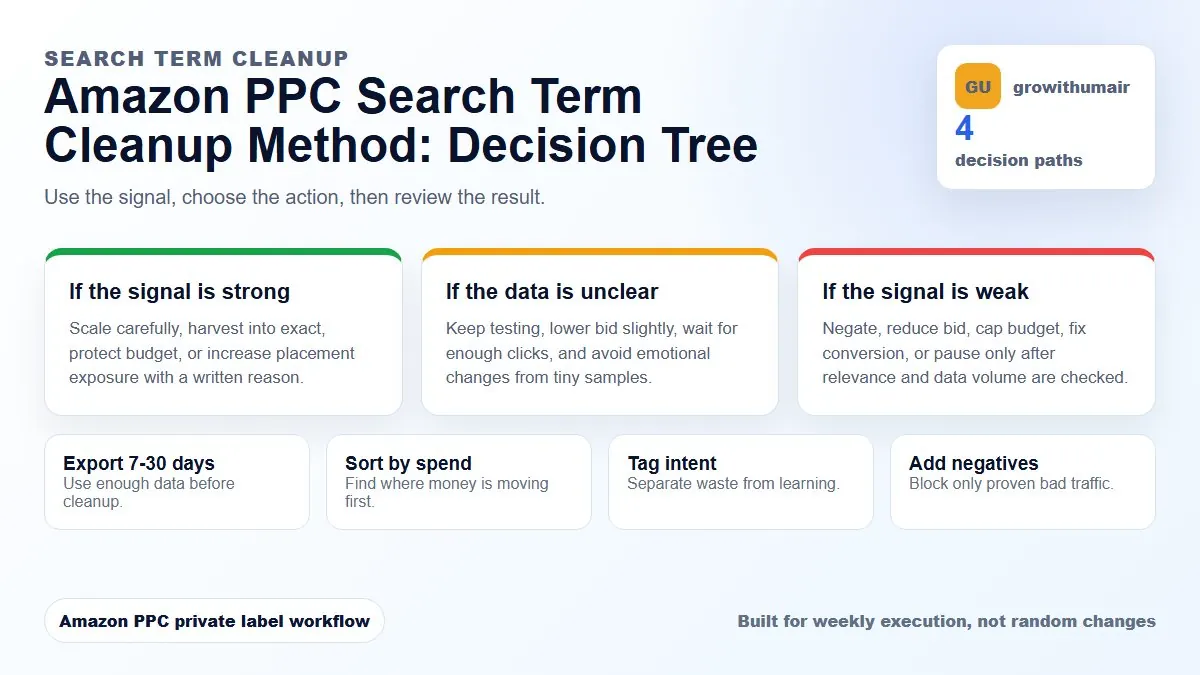 Amazon PPC Search Term Cleanup Method decision tree showing what action to take based on PPC performance signals