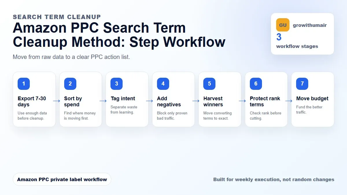 Amazon PPC Search Term Cleanup Method workflow diagram explaining the middle steps of the method