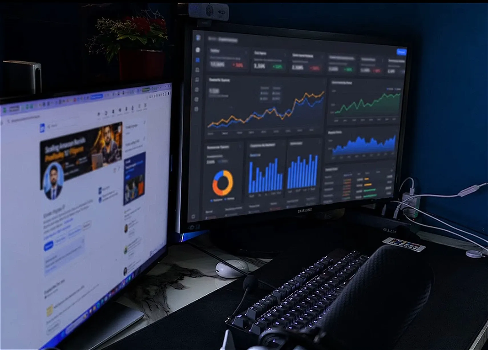 Umair's desk setup with marketplace dashboard and LinkedIn profile on dual monitors
